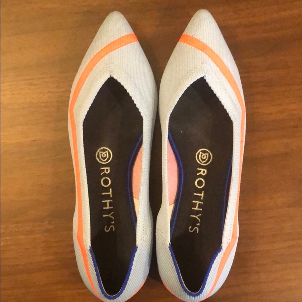 Rothy’s light blue and fluorescent orange flats